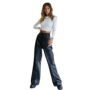 LIONESS Maple Street Pant in Black Faux Leather Wide Leg High Waist, 28 (S)